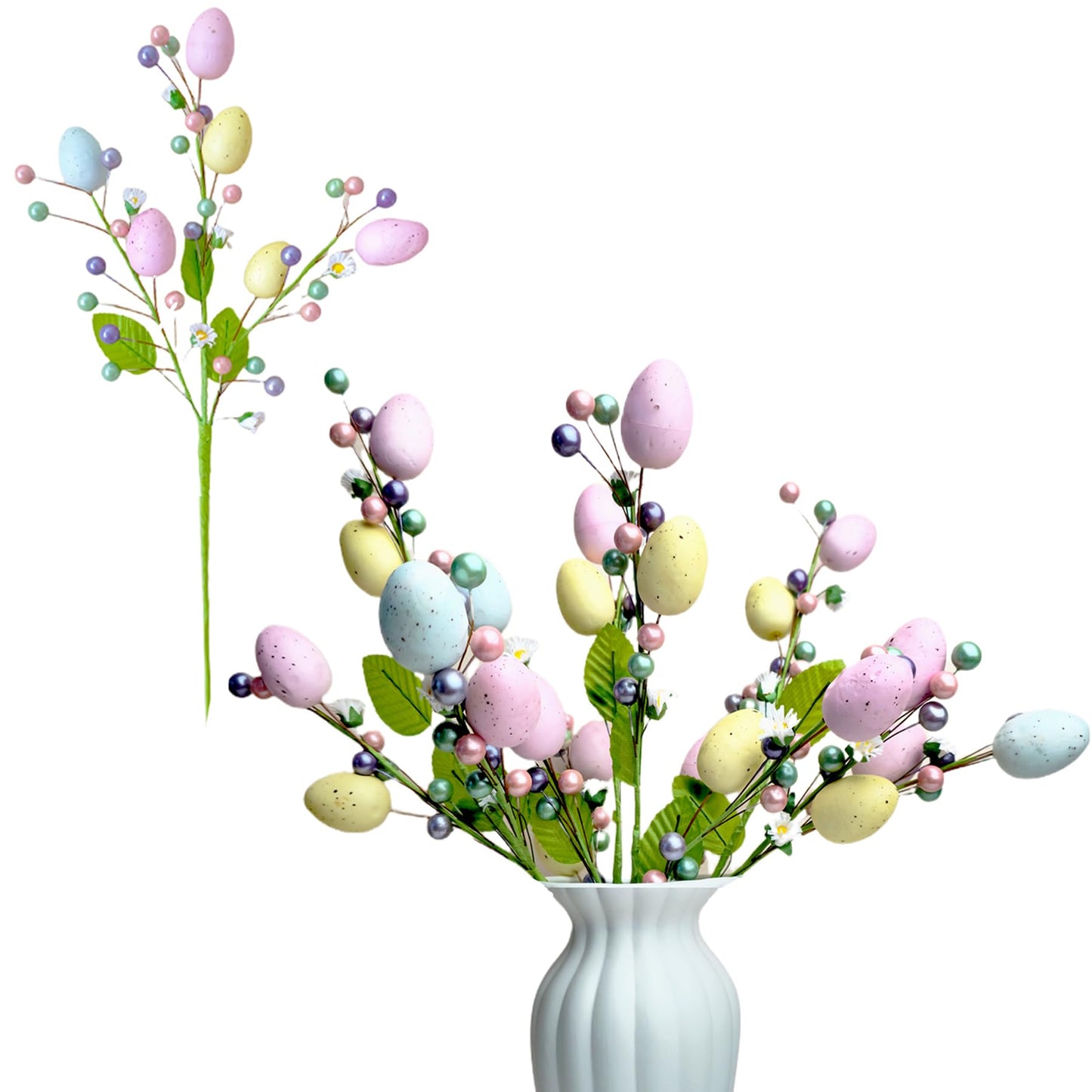 VSHZXFH 4pcs Artificial Easter Spray Vine with Pastel Easter Eggs and Berries- Decorative Spring Floral Stems-Egg Twig Branches for Floral Arrangement-Centerpiece Wreath Decoration