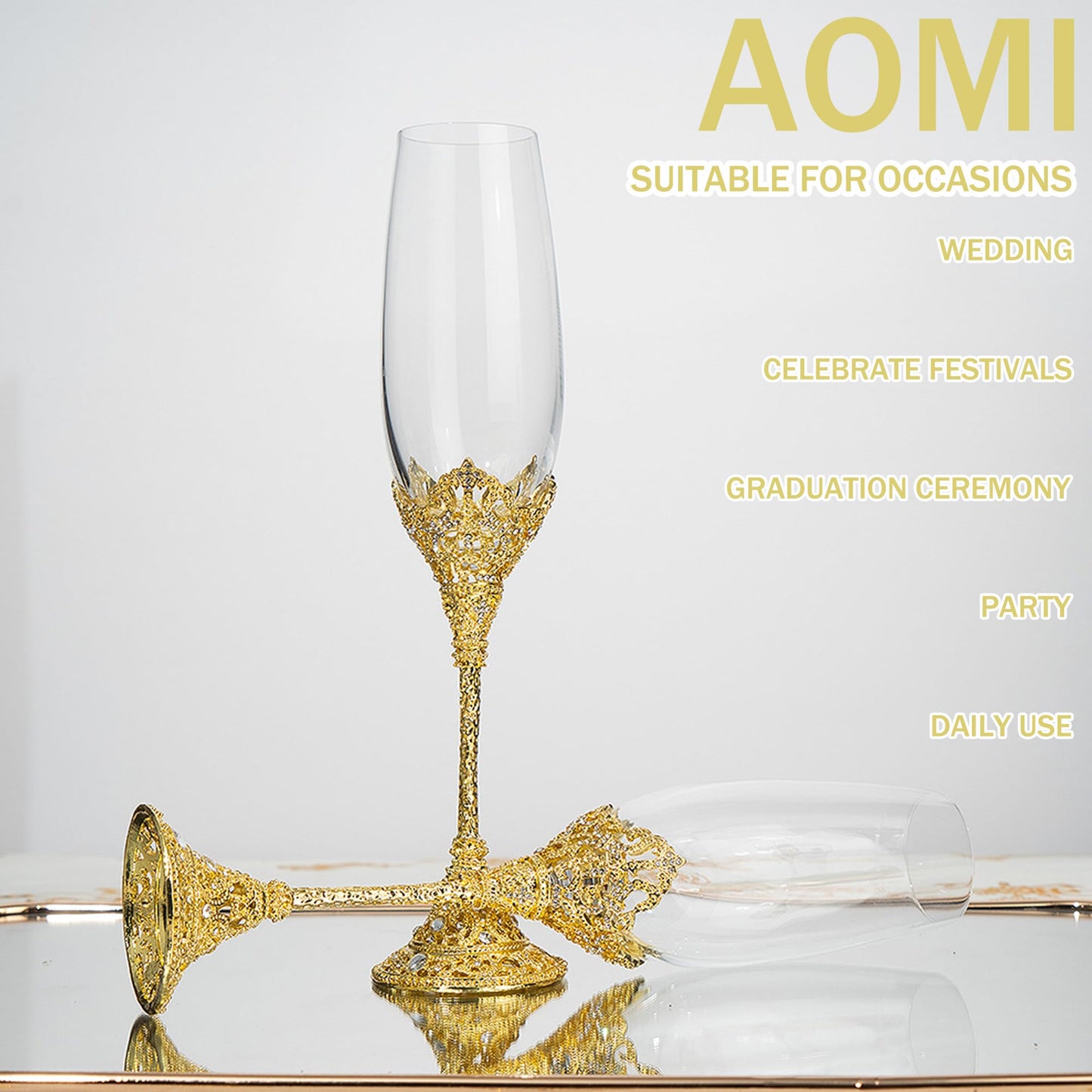 AOMI Wedding Champagne Flutes Toasting Glasses Luxurious Crystal- Gold 7oz Studded Champagne Glasses Set – Elegant Etched Flute Pair with Gift Box, Perfect for Weddings, Anniversaries & Celebrations