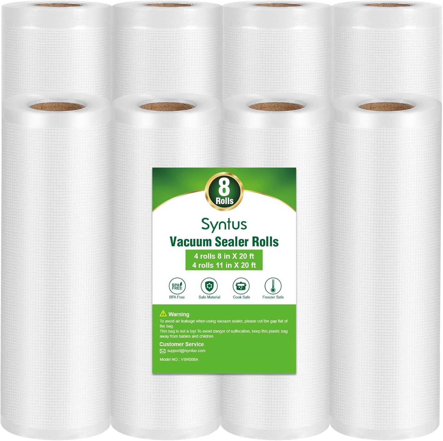 Syntus Vacuum Sealer Bags - 8 Pack of Commercial Grade BPA-Free Rolls | 11" x 20' & 8" x 20' for Food Storage