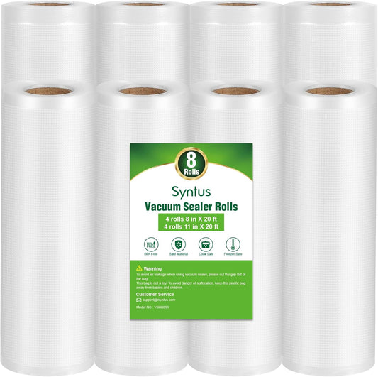 Syntus Vacuum Sealer Bags - 8 Pack of Commercial Grade BPA-Free Rolls | 11" x 20' & 8" x 20' for Food Storage