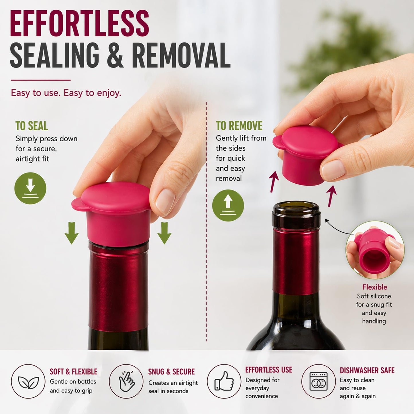 Wine Bottle Caps - Silicone Bottle Covers - Air-Tight Vacuum Seal - Wine Gifts for Women - Set of 4