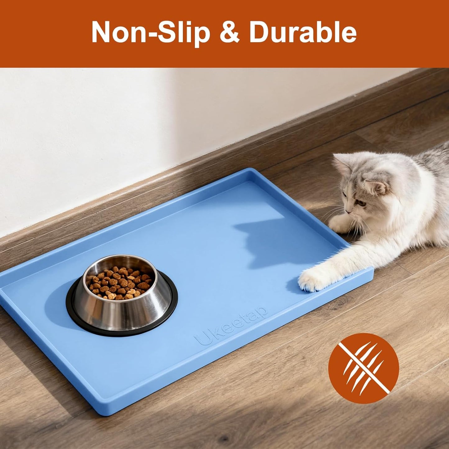 Ukeetap Extra Thick Silicone Dog & Cat Food Mat - Waterproof, Non-Slip, 19” x 12”, Blue