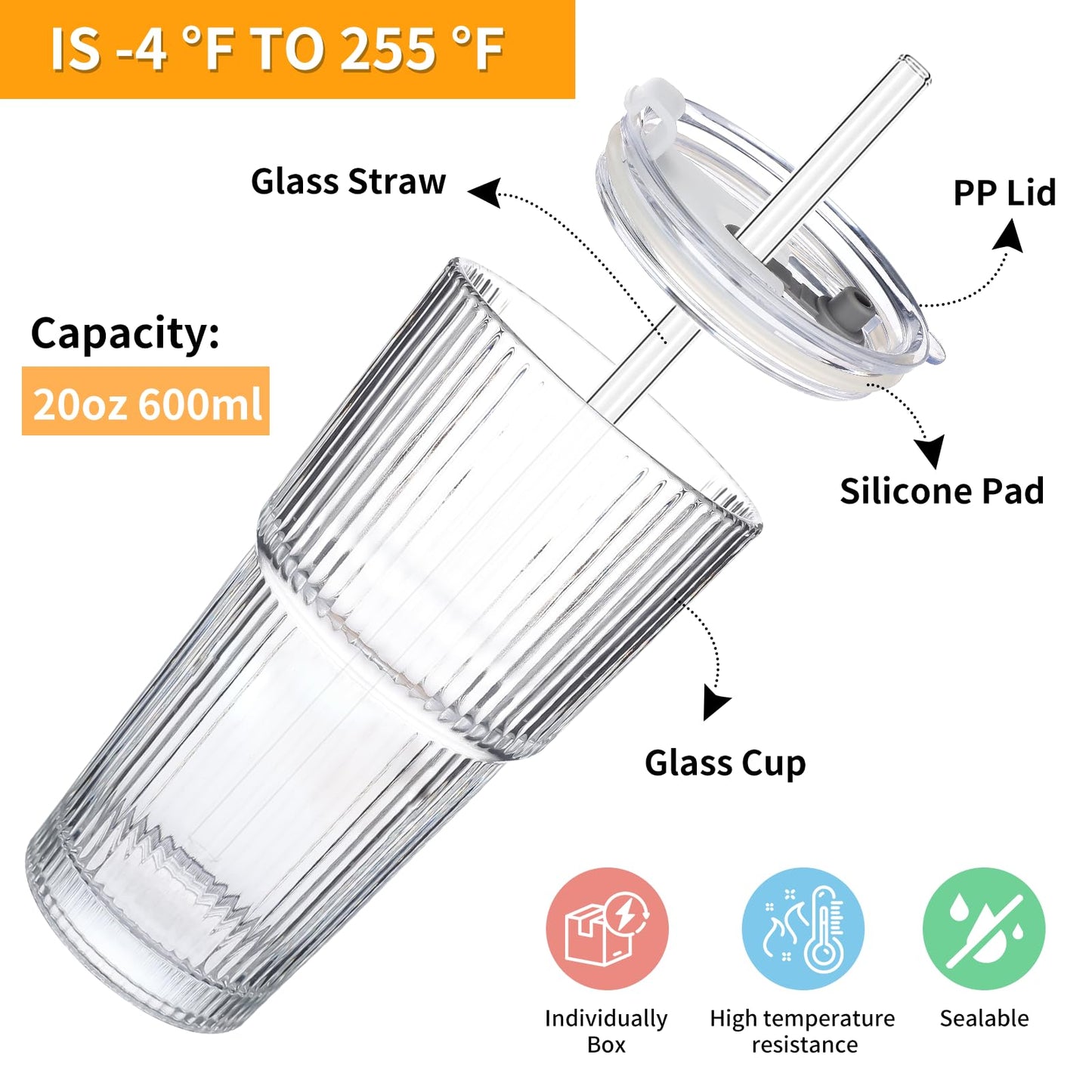 Salpae Glass Cups with Lids and Straws – 20oz Glass Tumbler with Straw and Lid, Reusable Iced Coffee Cup, Smoothie & Tea Glass, Ideal for Home, Office, Travel, 4 Pack