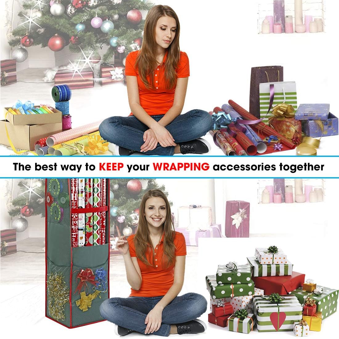 ProPik Christmas Wrapping Paper Storage Bag - Swivel Hanger with Multiple Pockets | Holds 25 Rolls, 40 Inch, Green