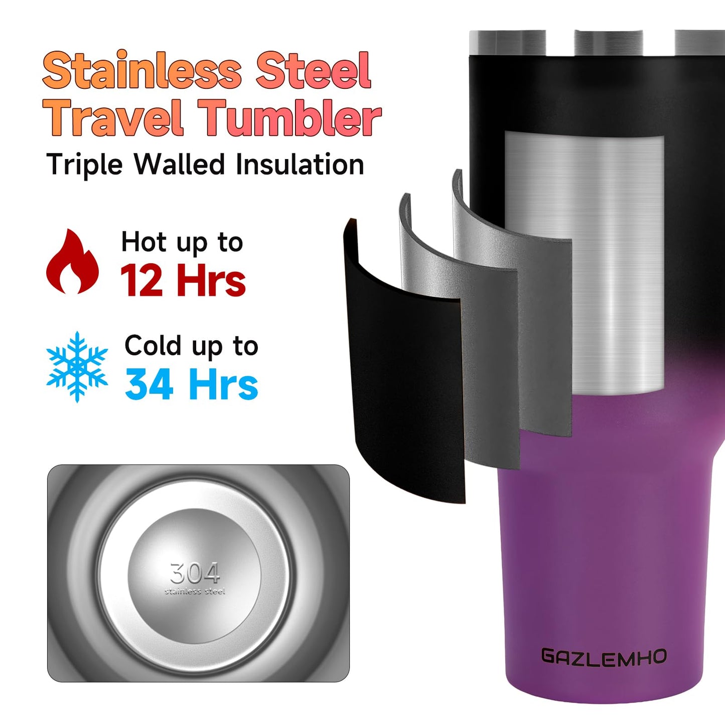 40oz Tumbler with Handle and Straw Spout 2-in-1 Lid, Spill Leak Proof Insulated Travel Cup Traveler Water Mug Keep Cold Hot, Dishwasher Safe Stainless Steel Bottle Gifts for Women Men, Black Purple