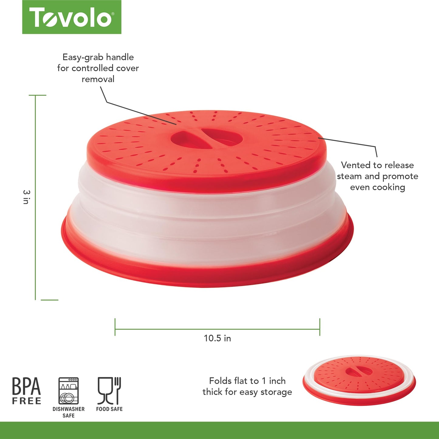 Tovolo Vented, Easy Grip, Collapsible Microwave Cover, 10.5 Inch, Red