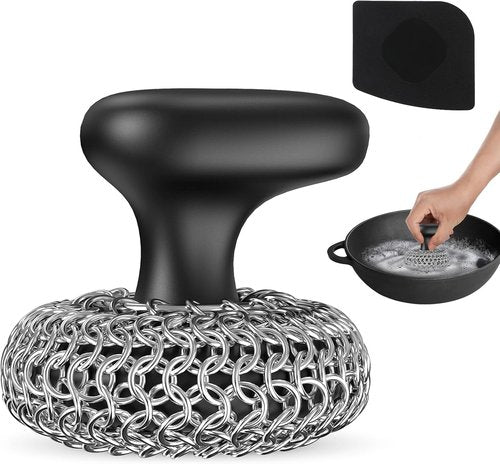Cast Iron Scrubber - 316 Chainmail Cleaner for Pans | Durable Dish Scrub Brush - Dishwasher Safe, Black