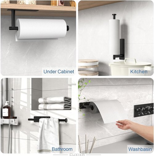 CUXIXA Under Cabinet Paper Towel Holder - Wall Mount 2-Pack with Self-Adhesive & Screws | Stainless Steel, Black