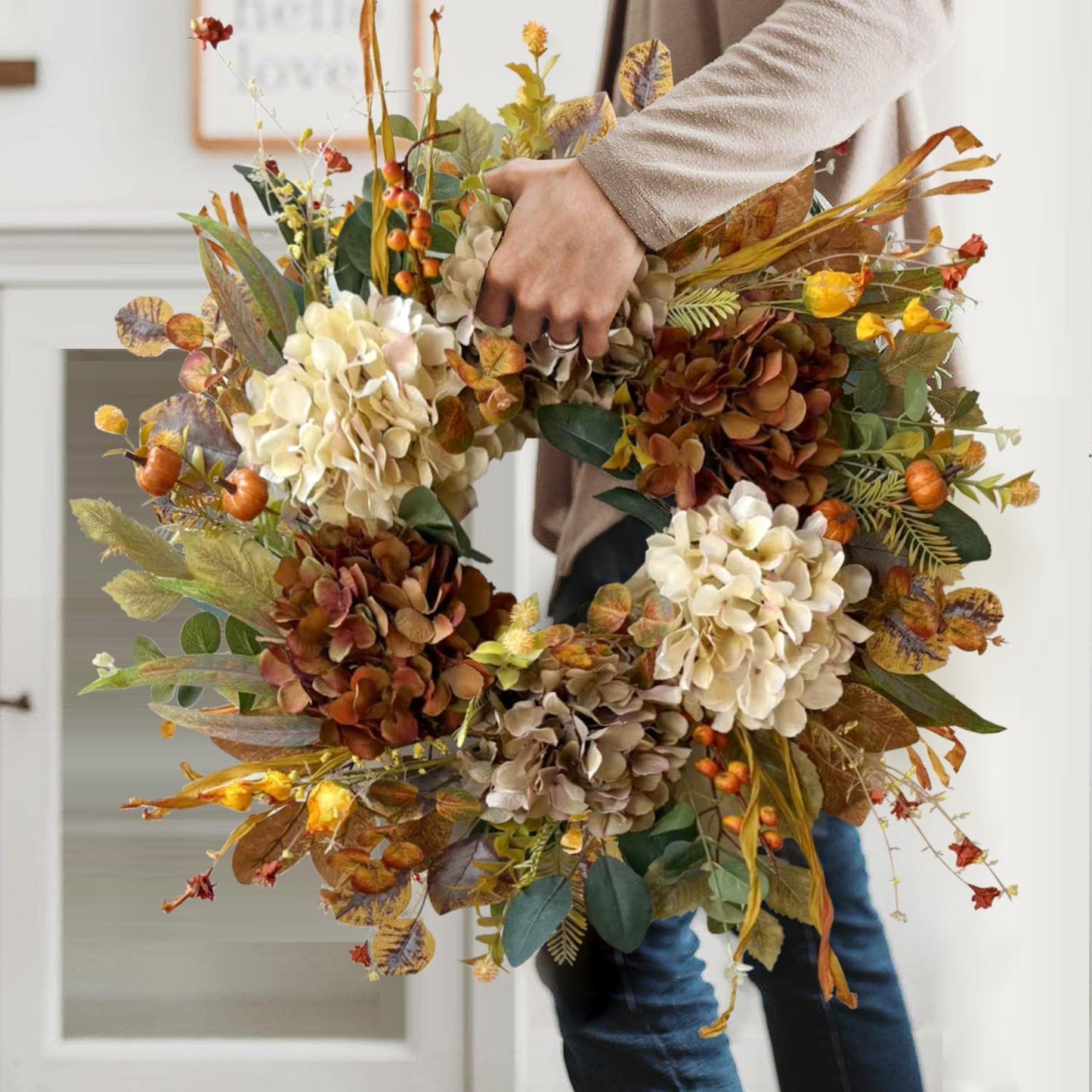 WANNA-CUL 24 Inch Fall Wreath - Hydrangea & Little Pumpkins | Seasonal Home Decor for Autumn & Thanksgiving