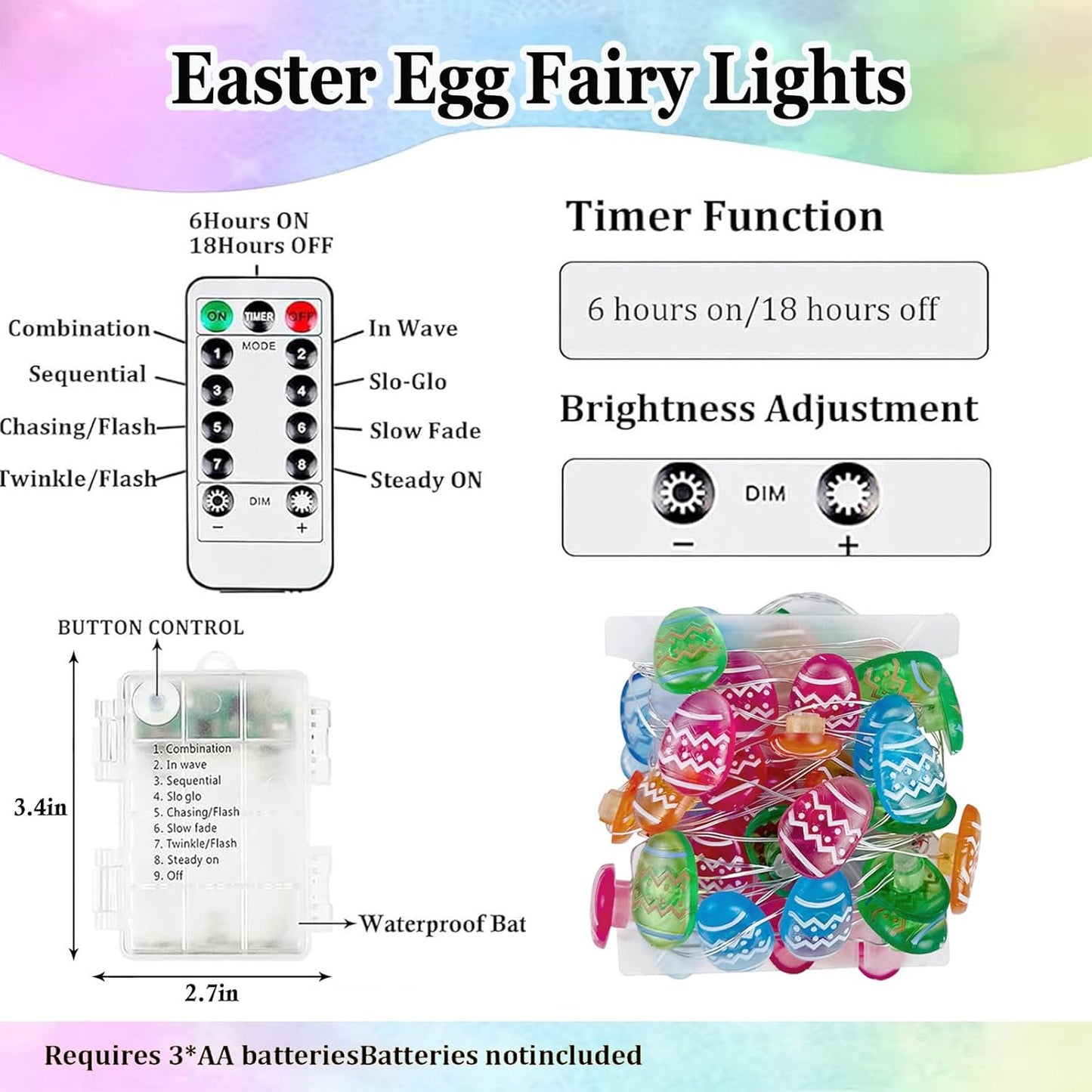 Pastel Fairy Lights by Easter Decorations - Battery Operated String Lights with Remote & Timer | Waterproof Indoor/Outdoor Twinkle Lights for Spring Party Decor