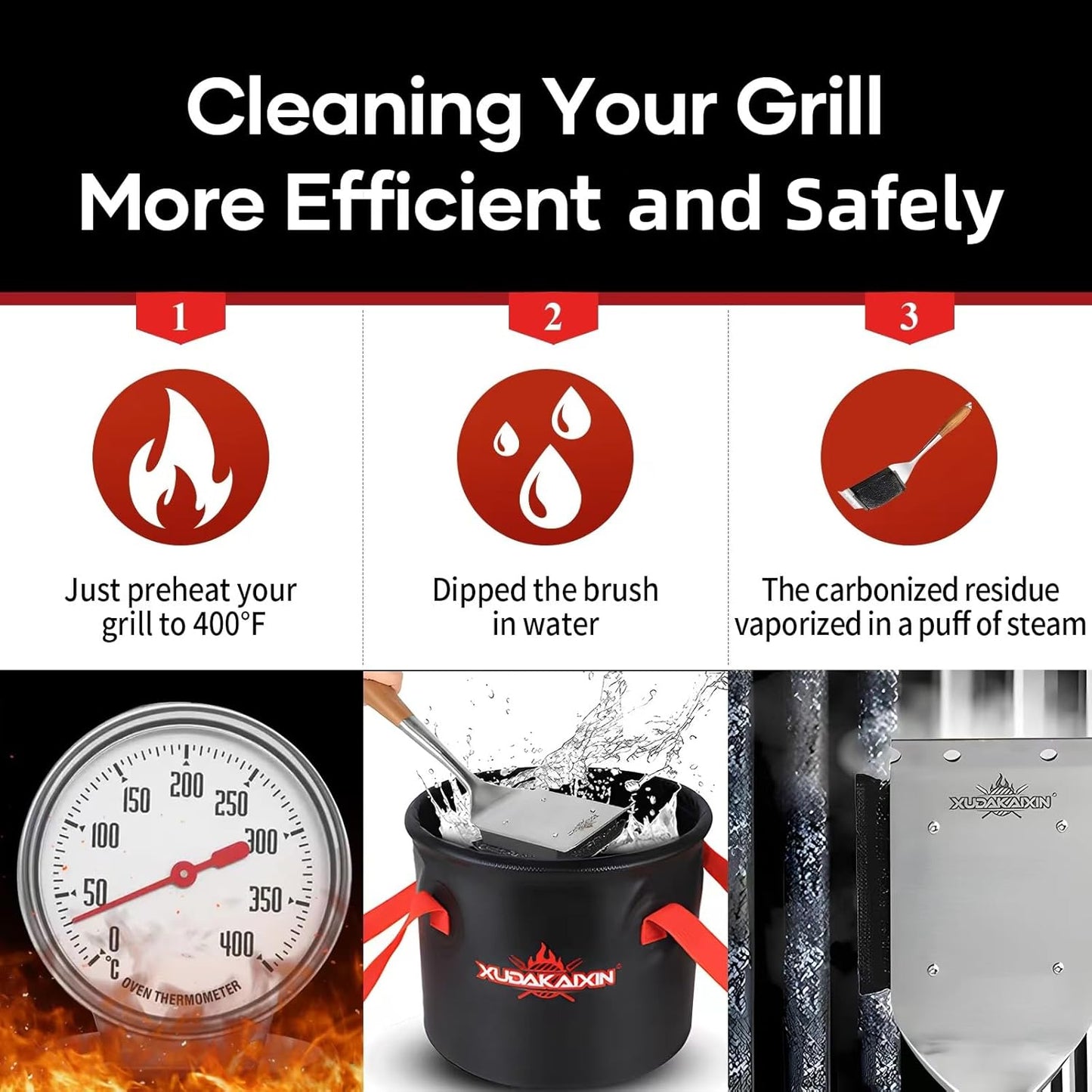 XUDAKAIXIN Grill Brush - Bristle-Free Design with 5 BBQ Replacement Heads | Perfect for Cast Iron & Stainless Steel Grates