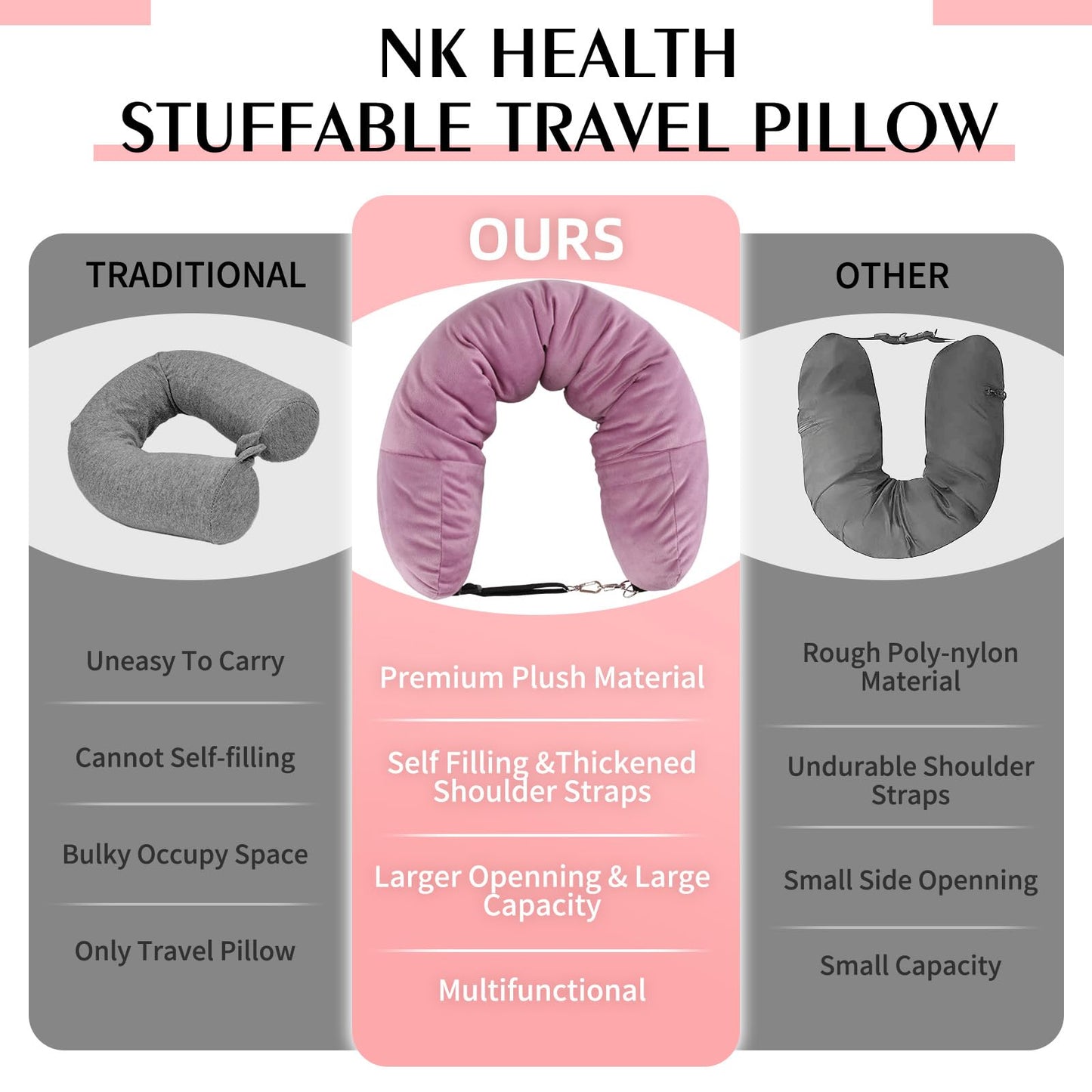 NK HealthCare Stuffable Travel Pillow, Stuffable Neck Pillow for Travel, Neck Pillow Stuffed with Clothes Storage - No Extra Baggage Fees, Fits 5+ Days of Travel Essentials, No Filler (Pink)