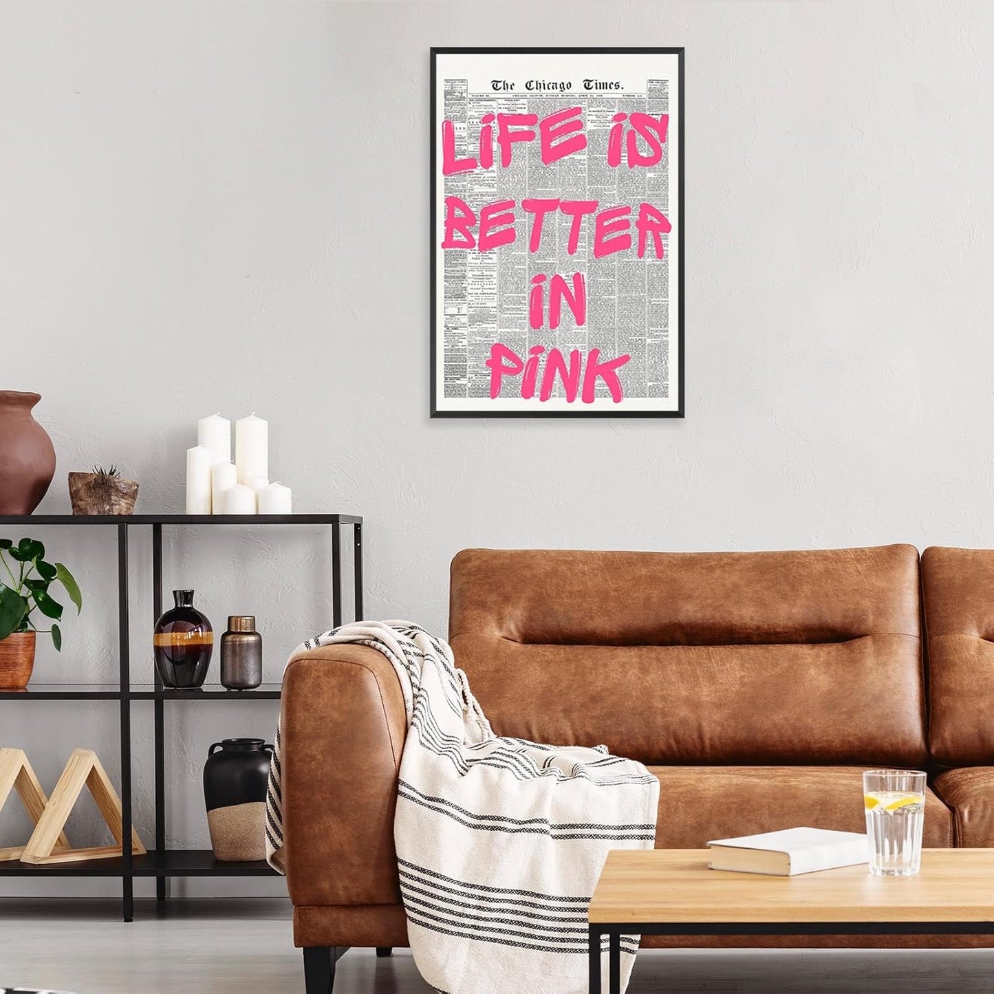 Skiennix Pink Wall Art - Retro Newspaper Canvas Poster with Positive Quote | 16x24in Minimalist Decor