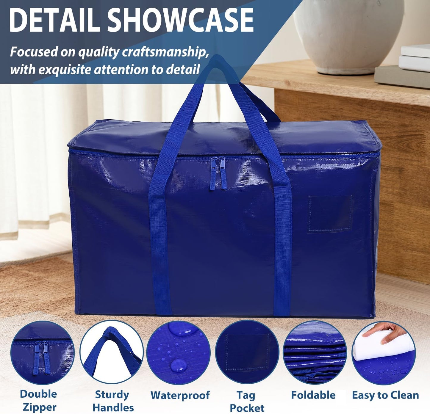 Skiennix Heavy-Duty Extra Large Moving Bags - Waterproof Storage Totes with Handles & Zippers | 6 Pack (Blue)