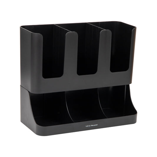 Mind Reader Cup and Condiment Station, 13 Inch Countertop Coffee Bar Organizer with 6 Compartments, Storage Caddy for Cups, Lids and Packets, Plastic, Black