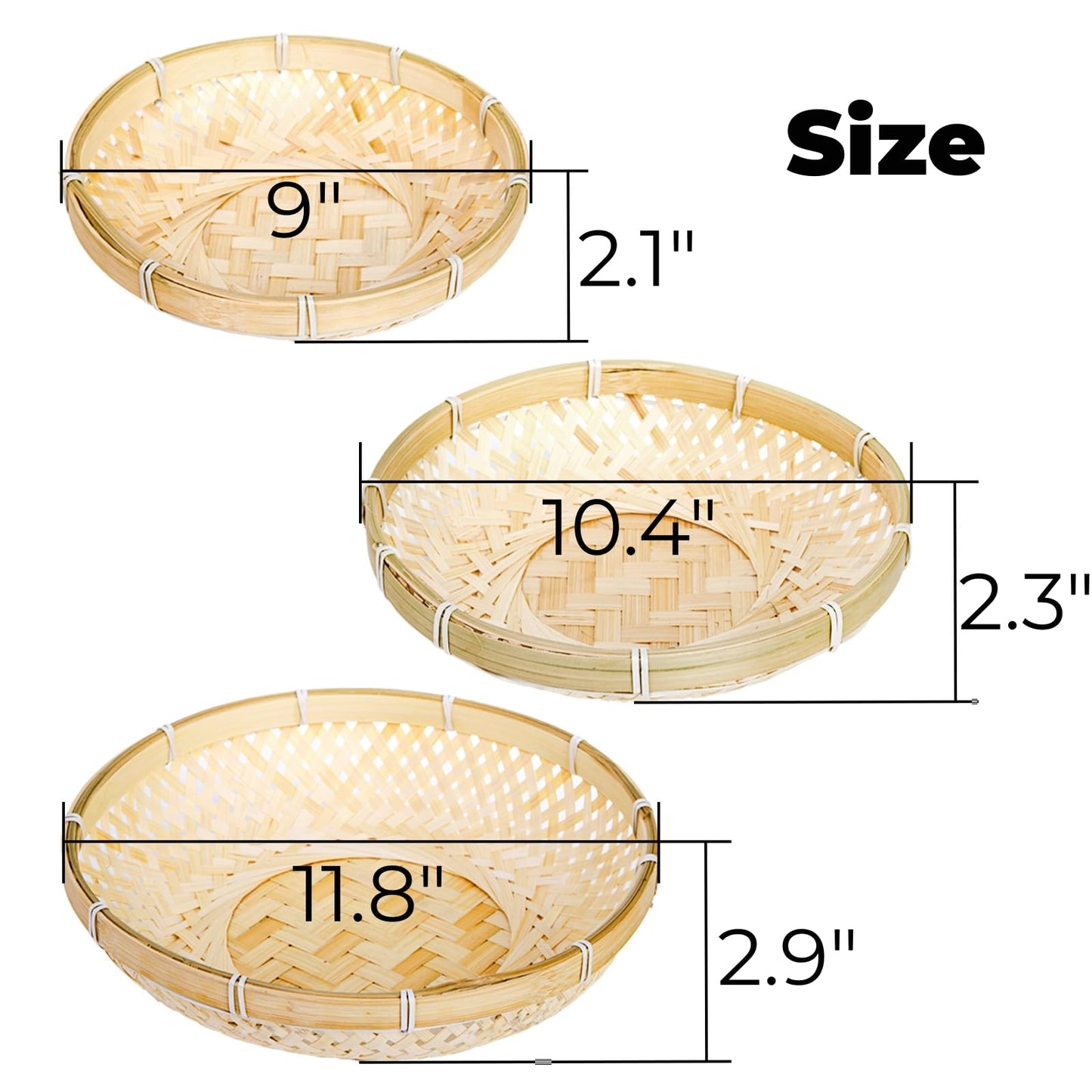Hiceeden 3 Pack Round Bamboo Serving Trays, Decorative Wicker Basket Tray for Food, Natural Woven Shallow Tray for Fruit, Vegetables, Bread