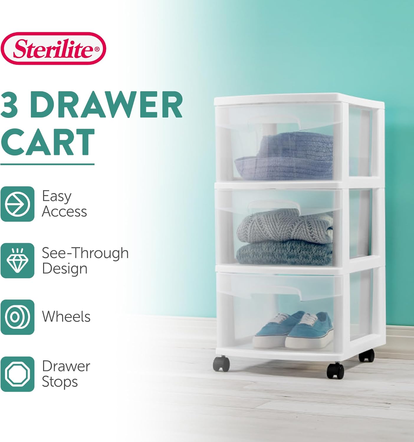 Sterilite 4 Pack Rolling Bin Cart - 3 Drawer Plastic Storage Organizer for Closet - White