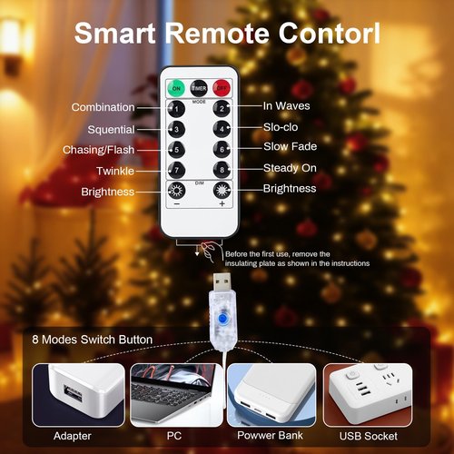 1Pack USB Plug in Fairy String Lights,16ft 50 LED Copper with Remote and Timer, 8 Modes Waterproof Twinkle String Lights Battery Powered for Bedroom Indoor Party Wedding Christmas Decoration