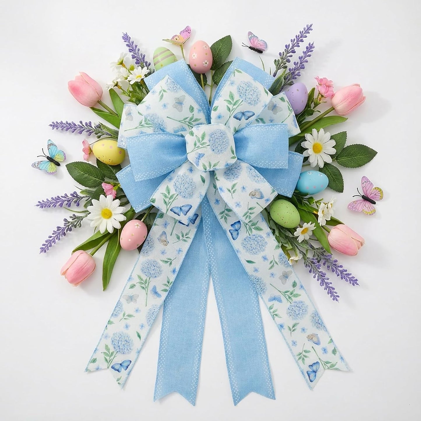 Skiennix 20.87 Inch Large Spring Bow - Blue Hydrangea & Butterfly Burlap Ribbon for Easter Decor | Indoor/Outdoor Use
