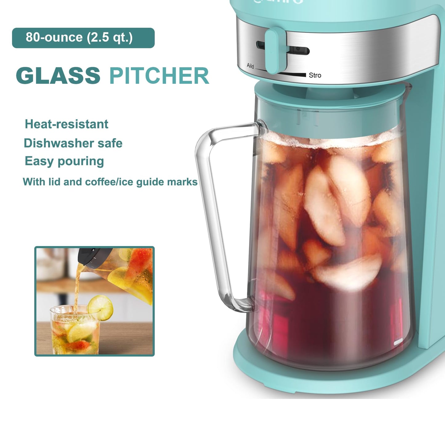 LITIFO Iced Tea Maker and Iced Coffee Maker Brewing System with 2.5-quart Pitcher, sliding strength selector for Taste Customization, Stainless Steel (Black 2.0)