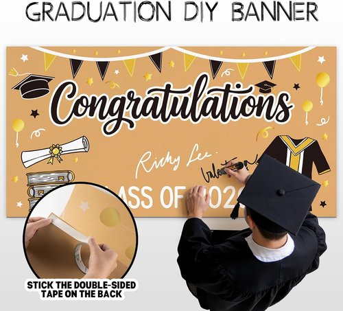 2026 Graduation Decorations | Black and Gold DIY Banner - 61 x 32 Inch Congrats Backdrop
