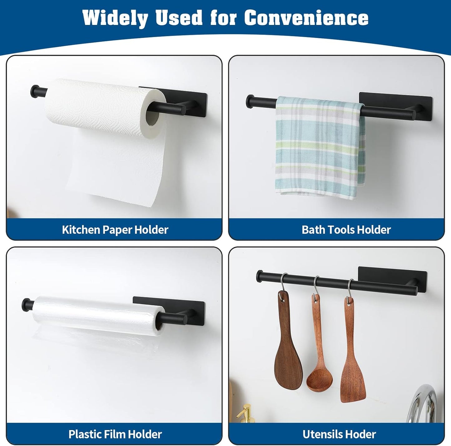 Theaoo Paper Towel Holder - Under Cabinet Adhesive Rack for Kitchen & Bathroom | Matte Black SUS304 Stainless Steel
