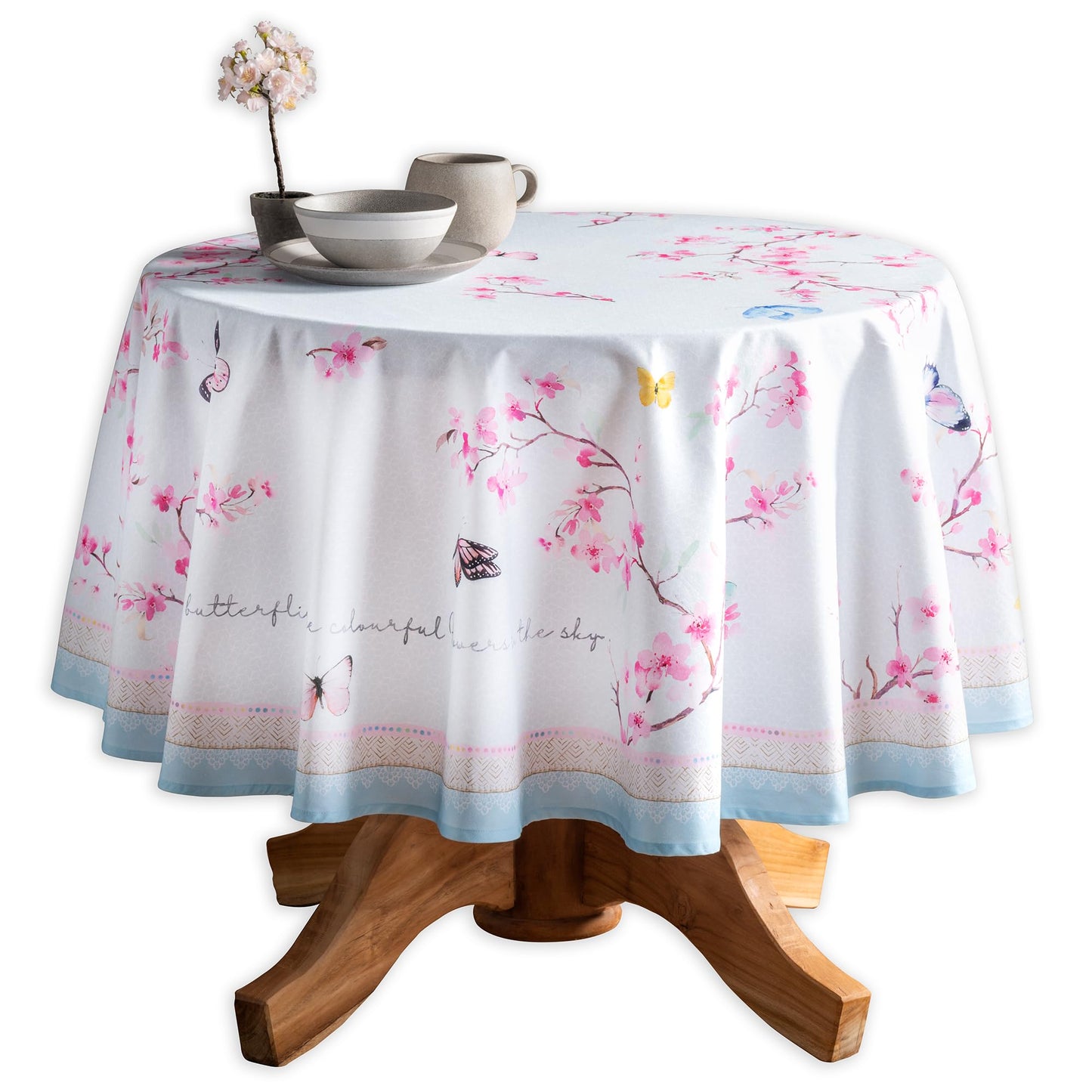 Maison d' Hermine Table Cloth Round Table 100% Cotton 63 Round Inches Tablecloth Reusable Decorative for Dining Kitchen Room Farmhouse Home Gifts for Mothers Day Spring Summer - Blossoms in Spring