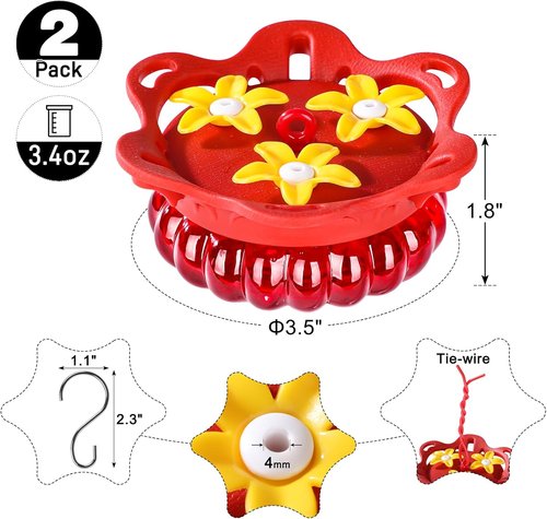 Fchstaer Glass Hummingbird Feeders - Set of 2 with Bee Guard Ports | 3.4oz Red Outdoor Decor