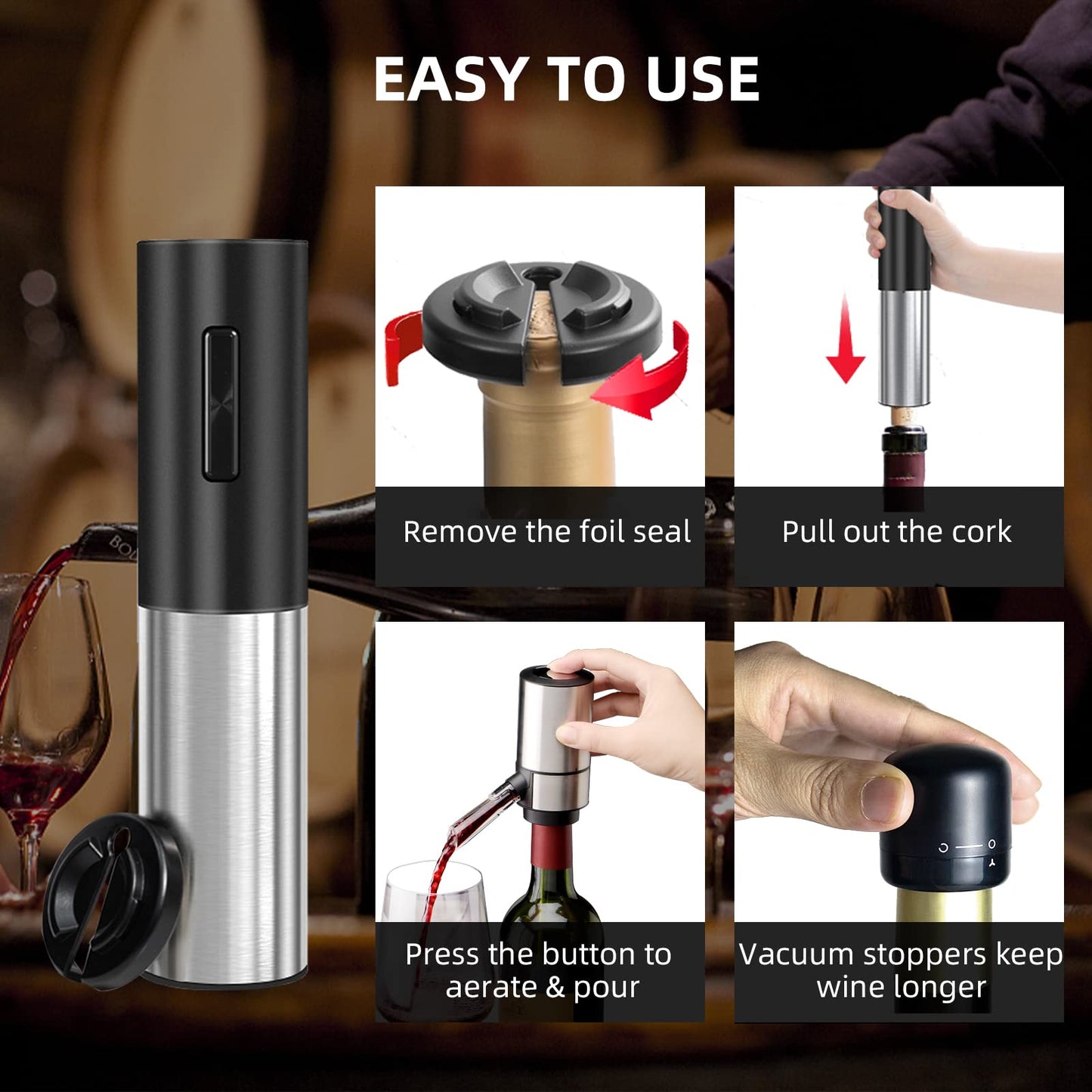 Rocyis Wine Gifts-Electric Wine Opener and Aerator Set-Wine Dispenser Battery Operated, Rechargeable Wine Bottle Opener & Pourer with Foil Cutter, Vacuum Stoppers