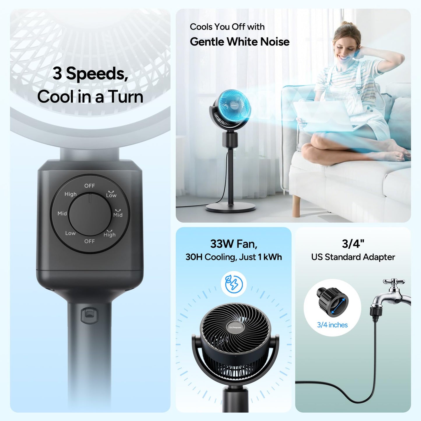 DR.PREPARE Compact Misting Pedestal Fan with Magnetic Mister, Quiet Air Circulator Standing Fan, 16-34" Adj. Height, 70°Auto-Oscillation, 90° Up+10° Down Tilt, 3 Speeds for Small‑Medium Patio Backyard