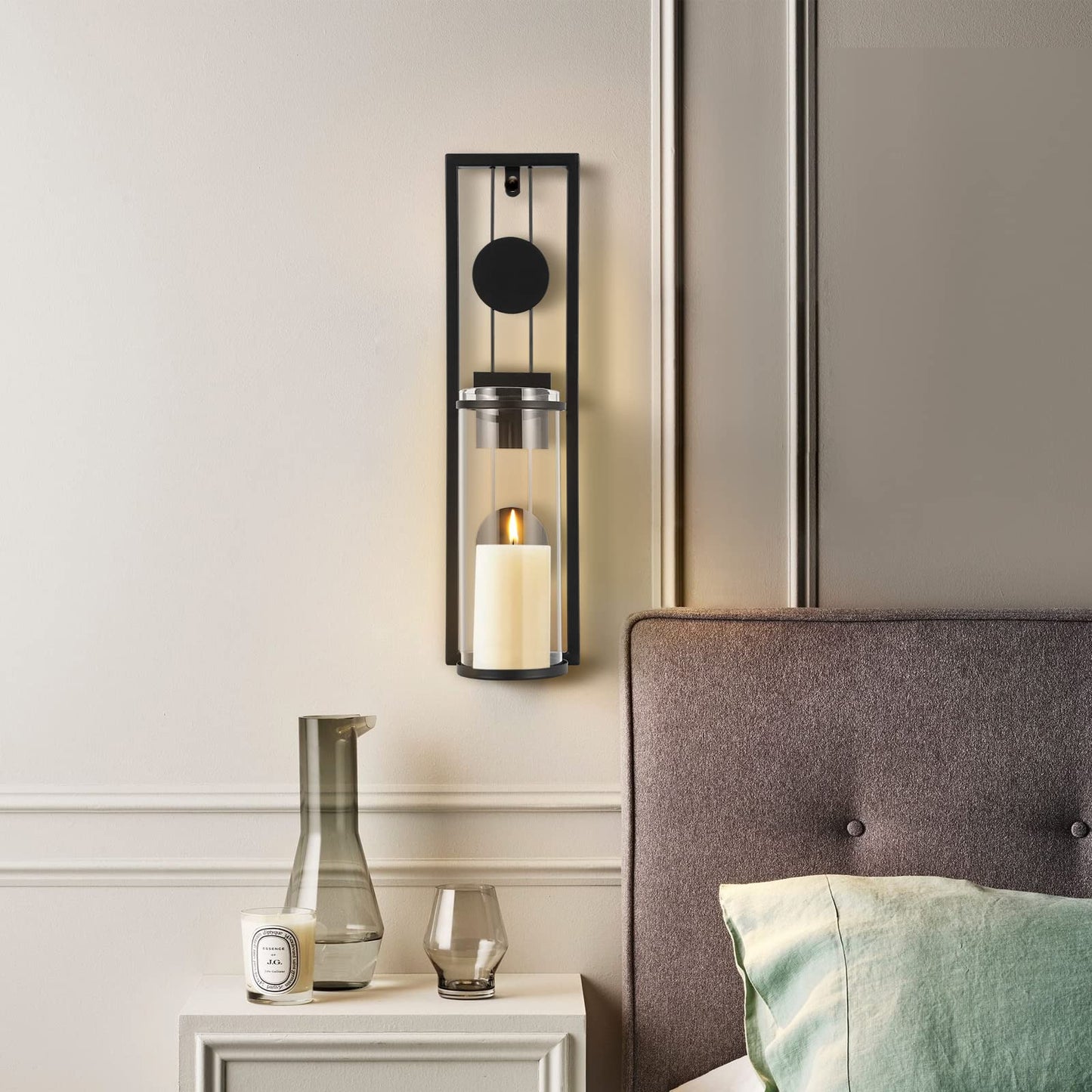 Candle Sconces Wall Decor Set of 2 Black Candle Holders Glass & Metal Candle Wall Sconces Hanging Candle Holders, Fireplace Mantel Decorations for Living Room Dining Room Kitchen Bathroom Bedroom Wall