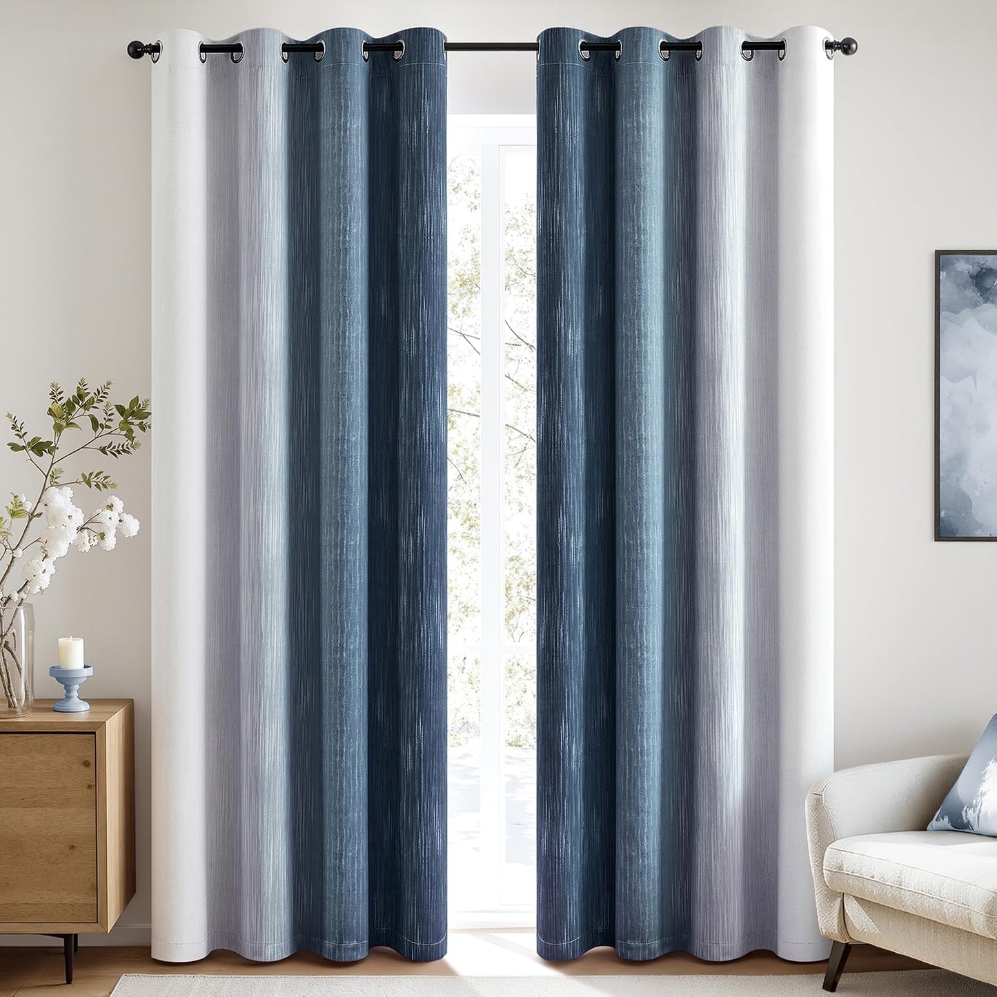 MIULEE Ombre Blackout Curtains - Navy Blue & Grey | Thermal Insulated 84" Drapes for Bedroom & Living Room, Set of 2