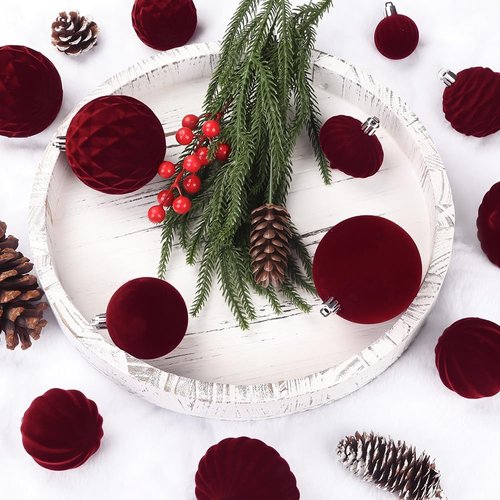 Celltestria Velvet Christmas Balls - 28PCS Flocked Shatterproof Burgundy Ornaments for Holiday Decor