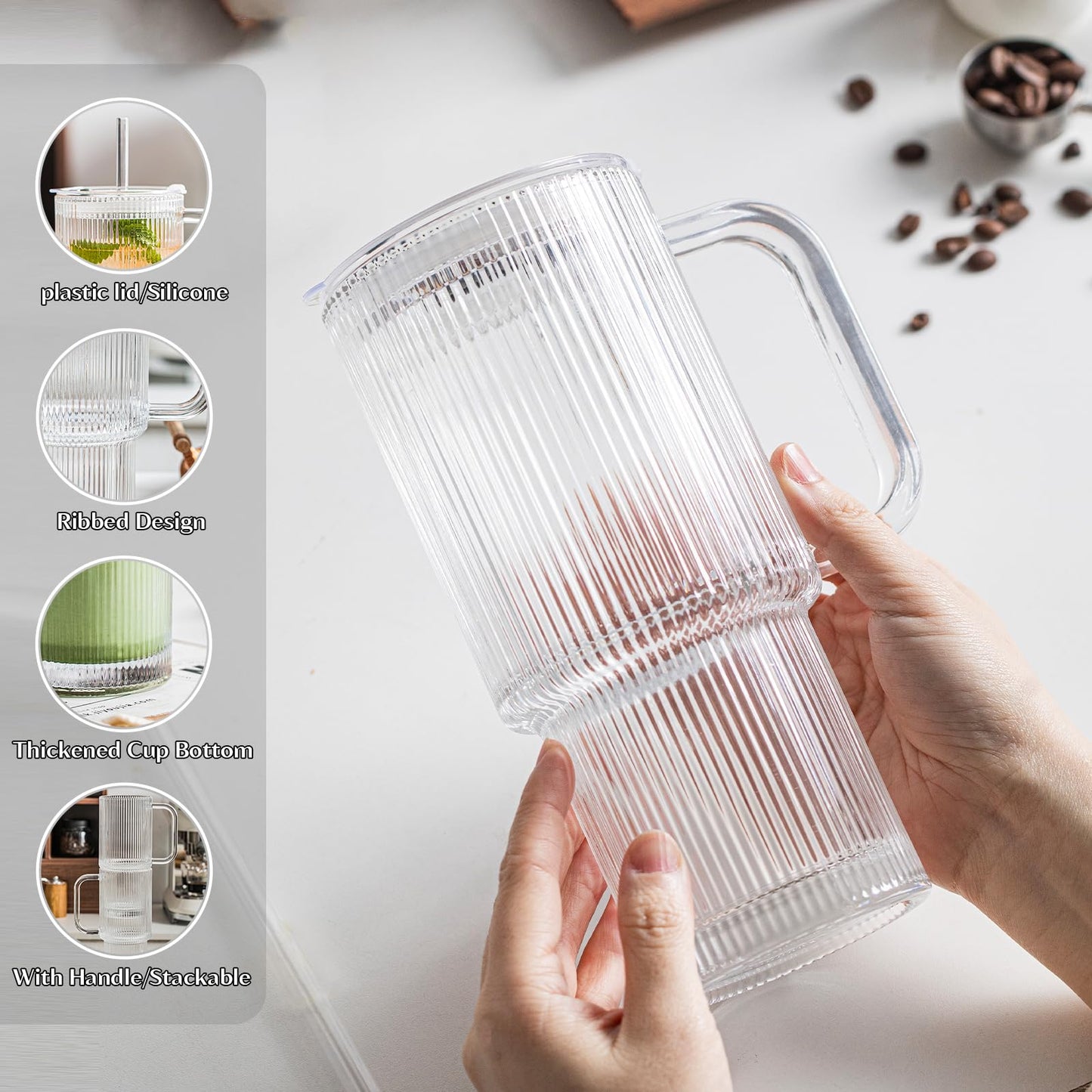 INSETLAN 24oz Ribbed Glass Tumbler with Handle & Lid – 2-Pack Large Iced Coffee Cups with Straws, Modern Glass Mug for Cold & Hot Beverages, Aesthetic Travel Cup for Smoothies, Tea, and Juice