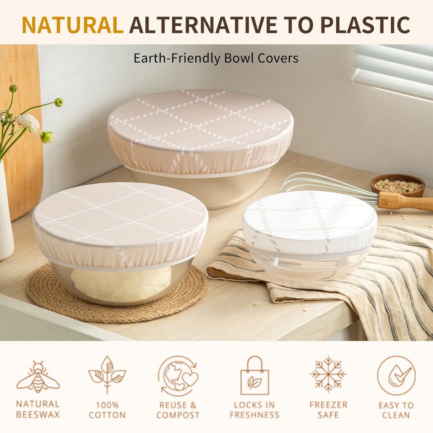 Reusable Bowl Covers for Bread Proofing- 3pc Beeswax Bowl Covers Reusable 8/10/12 Inch, 100% Organic Cotton, Elastic Cover for Sourdough- Shower Caps for Sourdough Bread, Dough Proofing & Food Storage