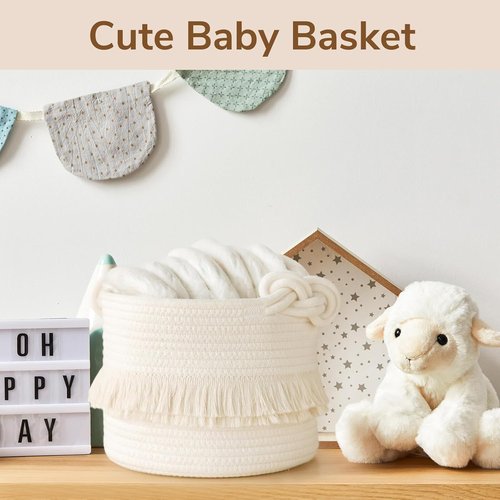 CherryNow Woven Storage Baskets - 9.5'' x 7'' Cotton Rope Hamper for Diapers, Blankets & More | Off-White with Cute Tassel