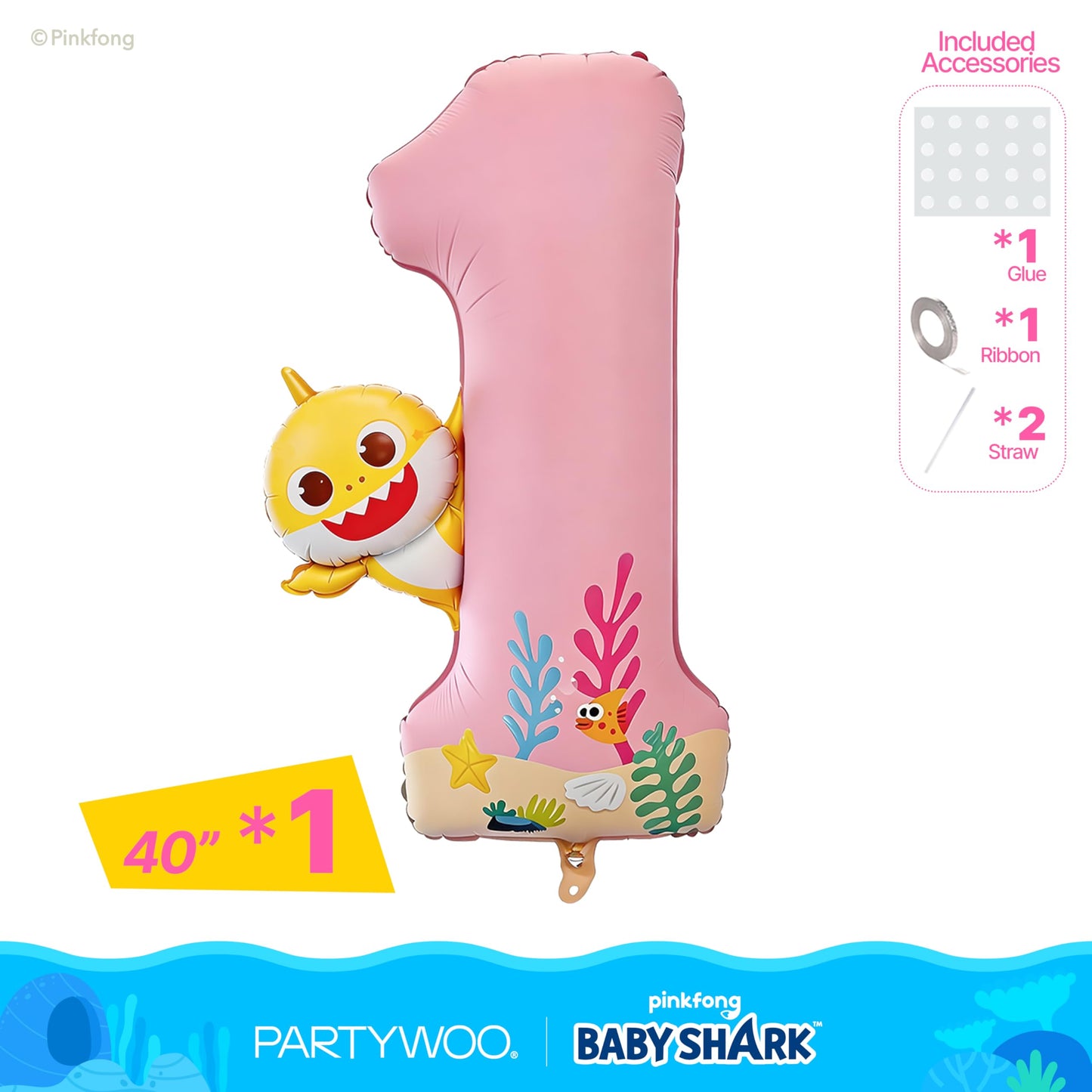 PartyWoo Baby Shark Pink Foil Number 1 Balloon 40 Inch Pink Mylar Helium Birthday Number Balloons for Girls and Boys Baby Shark Under the Sea Ocean Theme Kids First Birthday Party Decorations