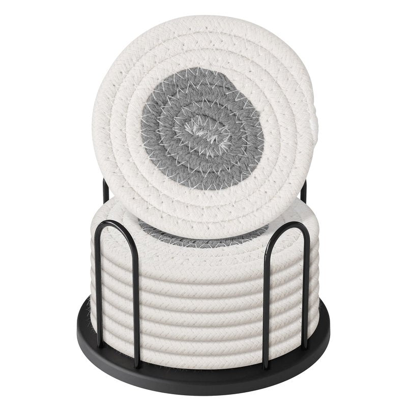 Lazebox Coasters Set of 8 for Drinks, Beer, Coffee, Cotton Woven Absorbent Coaster with Holder, Boho Coasters for Home Decor Tabletop Protection Suitable for Kinds of Cups, White & Grey