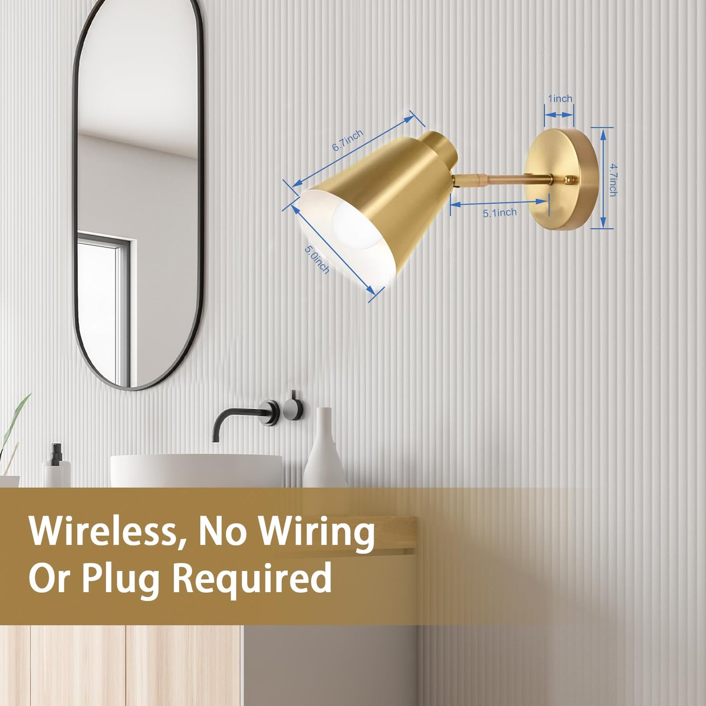 VATONI Battery Operated Wall Sconces Set of 2, Rechargeable Battery Operated Wall Lights Wireless Wall Sconce with Remote Control, Dimmable Wall Sconces Gold Wall Light for Bedroom Bedside LivingRoom