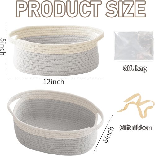 JMvicyroam Woven Storage Basket - Small Rope Organizer with Handles for Shelves & Closets | White & Grey