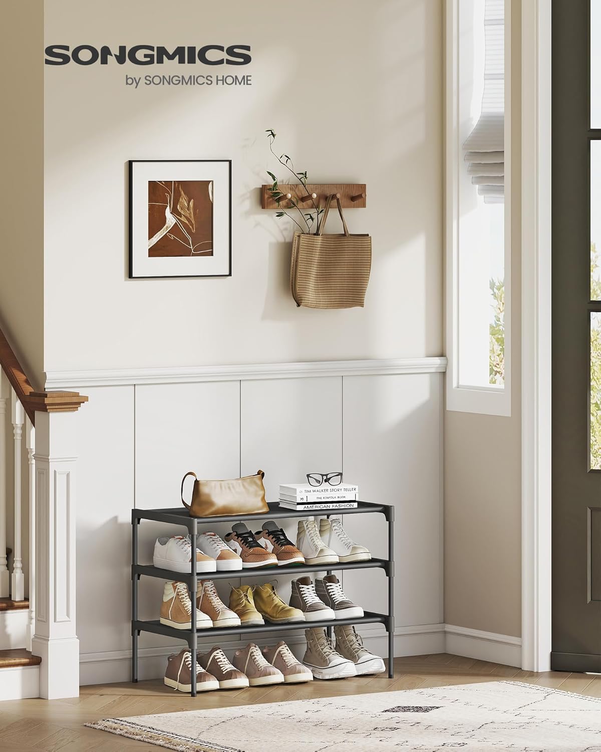 SONGMICS Shoe Rack - 3-Tier Space-Saving Organizer for Entryway - Ink Black, 11.7 x 24.5 x 21 Inches