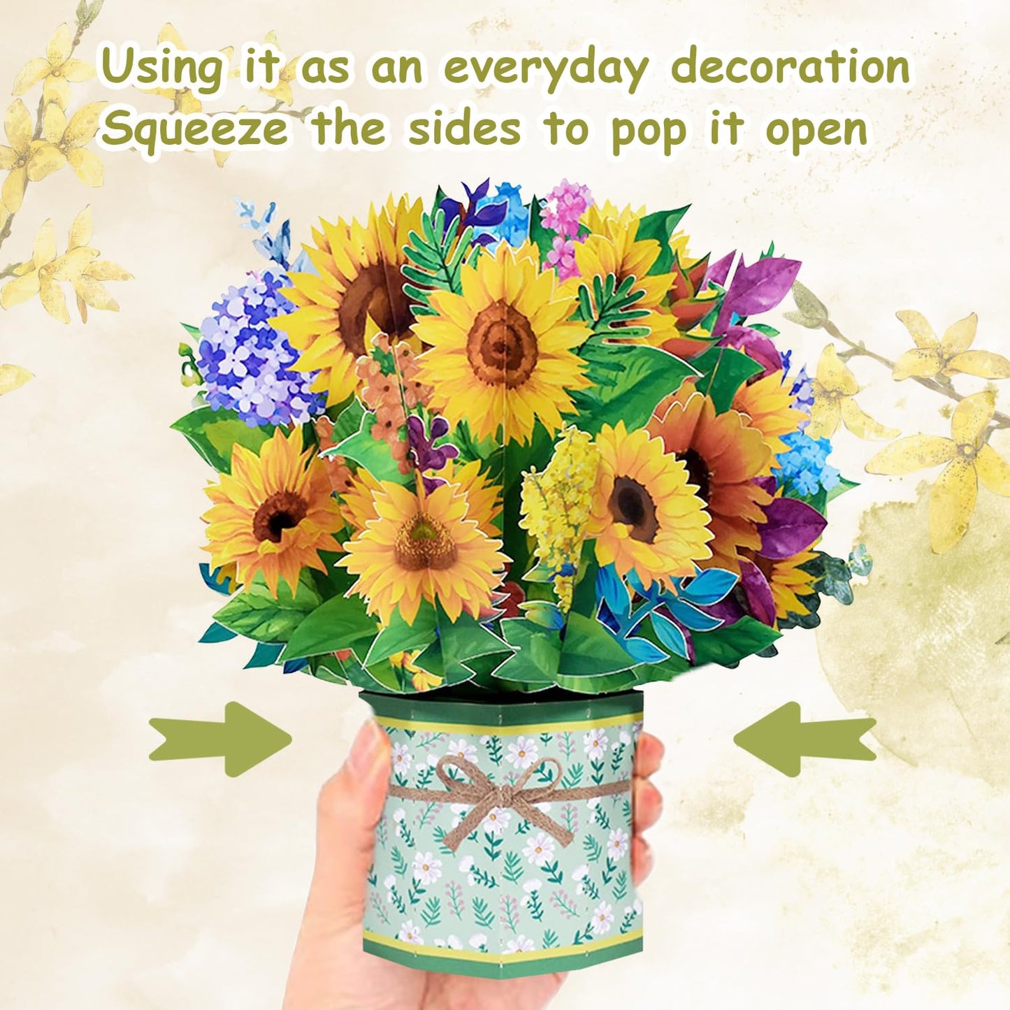 ROBBEAR Sunflower Bouquet Pop Up Card, 3D Flower Greeting Card with Envelopes for Any Occasion, Birthday, Mother's Day, Anniversary, Valentines Day, Handmade Gifts, Foldable Flower Cards for Friends