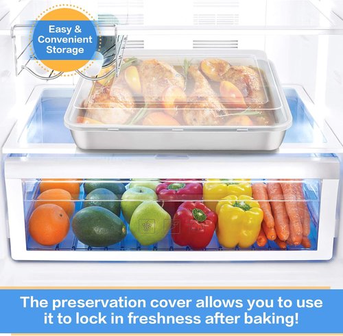 E-far Stainless Steel Baking Pan - Heavy Duty Rectangle Sheet Cake Pans with Lids | 12⅓ x 9¾ x 2 Inch - Set of 2