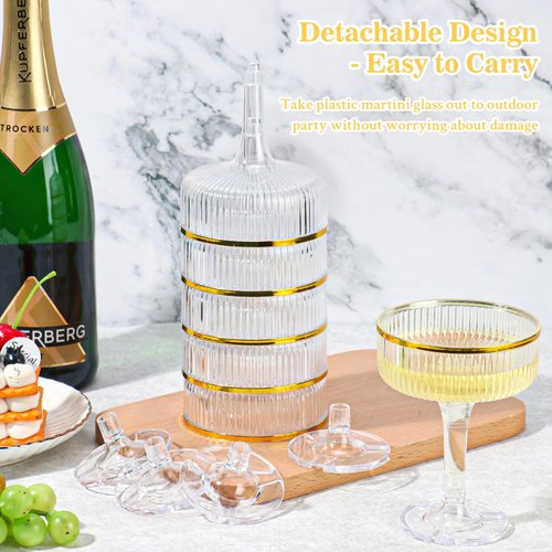 30 Pack Clear Champagne Tower Glasses 7OZ Plastic Martini Glasses Champagne Coupe Glass Cocktail Glass with Gold Rim Champagne Flutes Stackable Stemmed Coupe Glass for Weddings Birthday Party