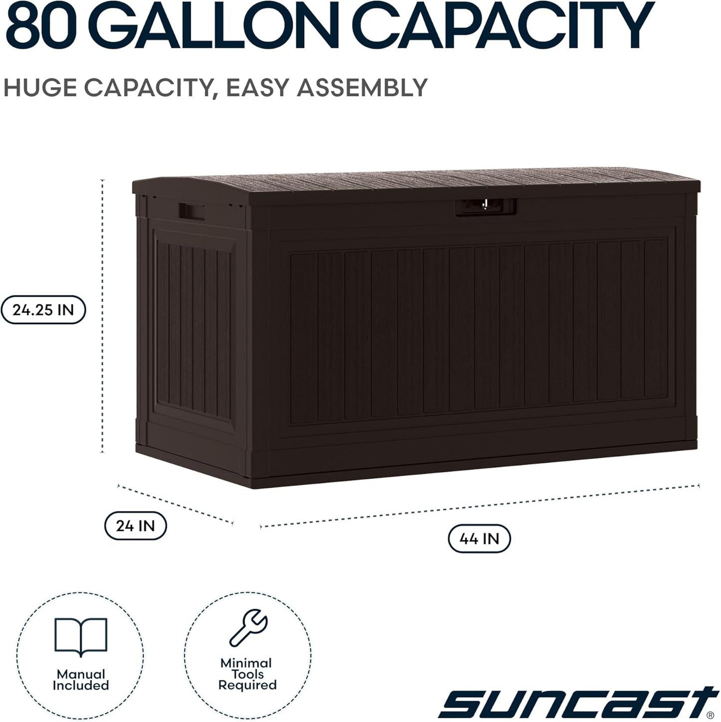 Suncast 80-Gal. Resin Outdoor Patio Deck Box - Modern Storage Solution for Cushions & Garden Tools, Java