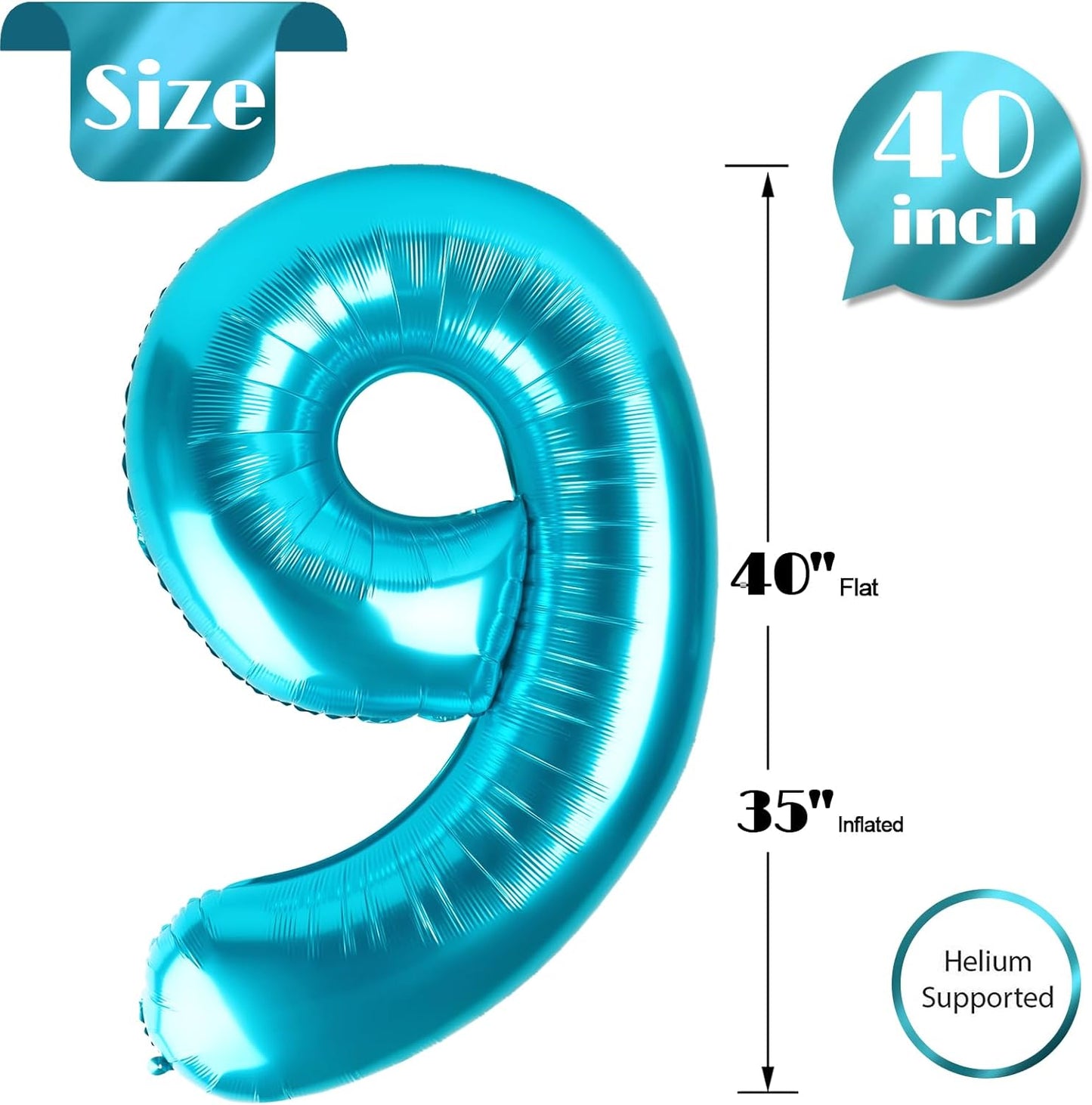 Light Blue Number 9 Balloon - 40 Inch Giant Foil Balloon for 9th Birthday Party Decorations