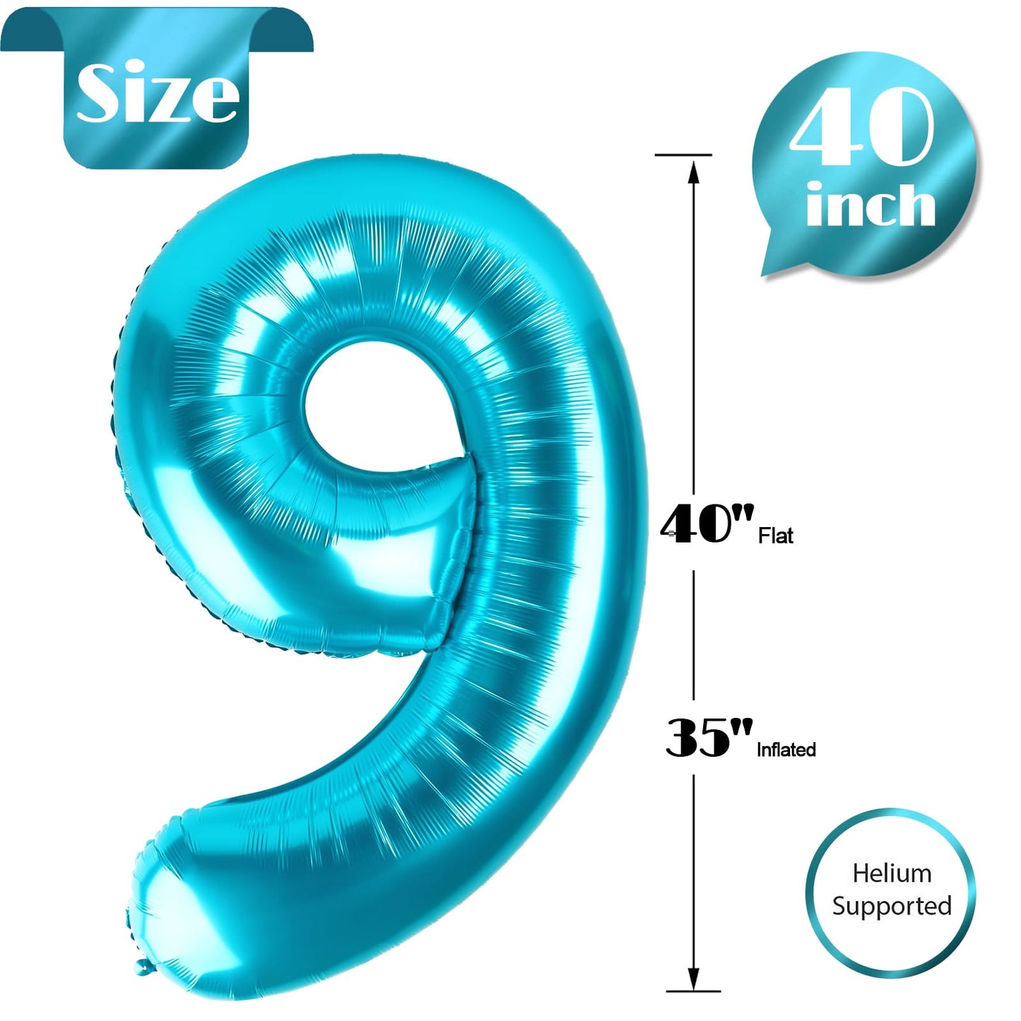 Light Blue Number 9 Balloon 40 Inch, 9th Birthday Party Decorations for Children, Giant 9 Foil Balloon for Party Supplies