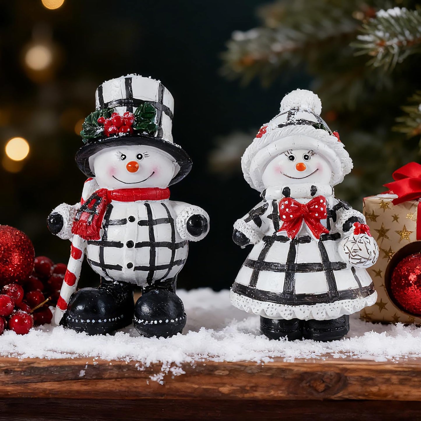 Snowman Figurines Set of 2 - Black and White Plaid Christmas Decorations for Home | Winter Decor