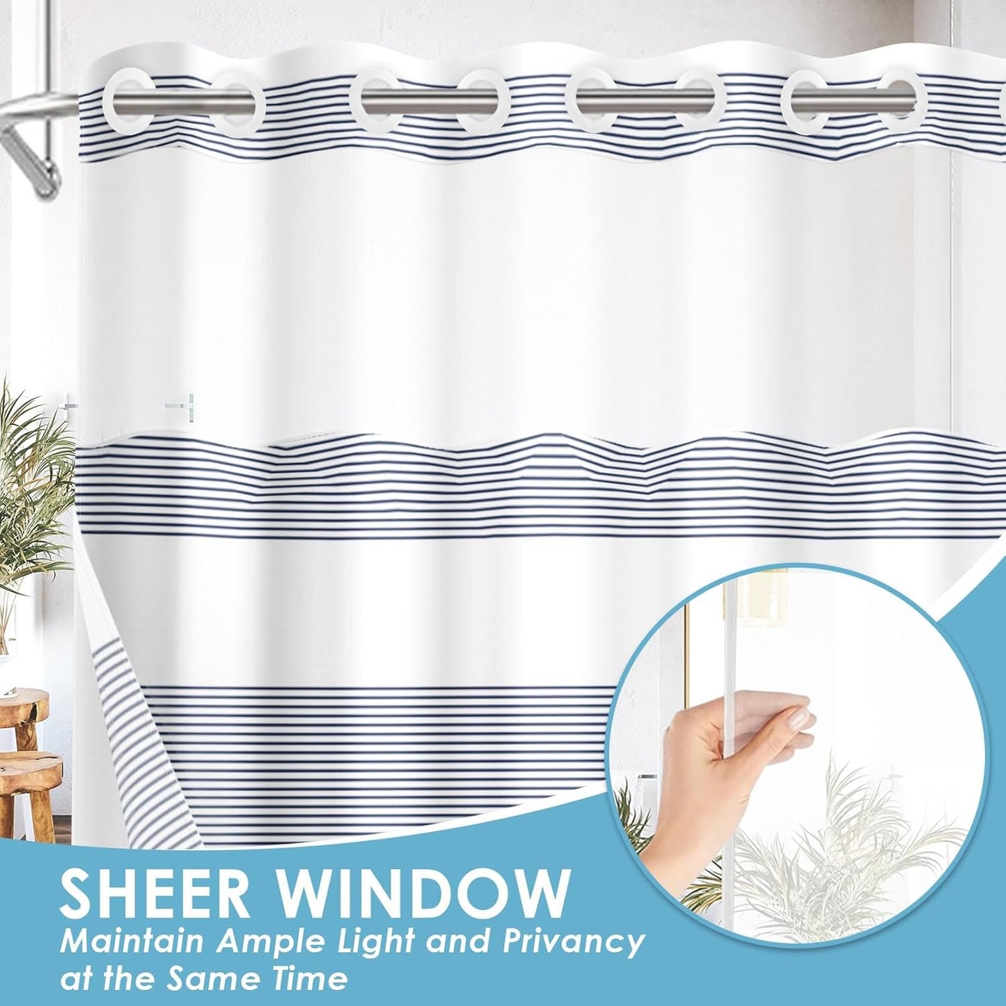 No Hook Navy Blue Shower Curtain - Boho Striped Waterproof Fabric with Snap-In Liner | 71x74 Inch