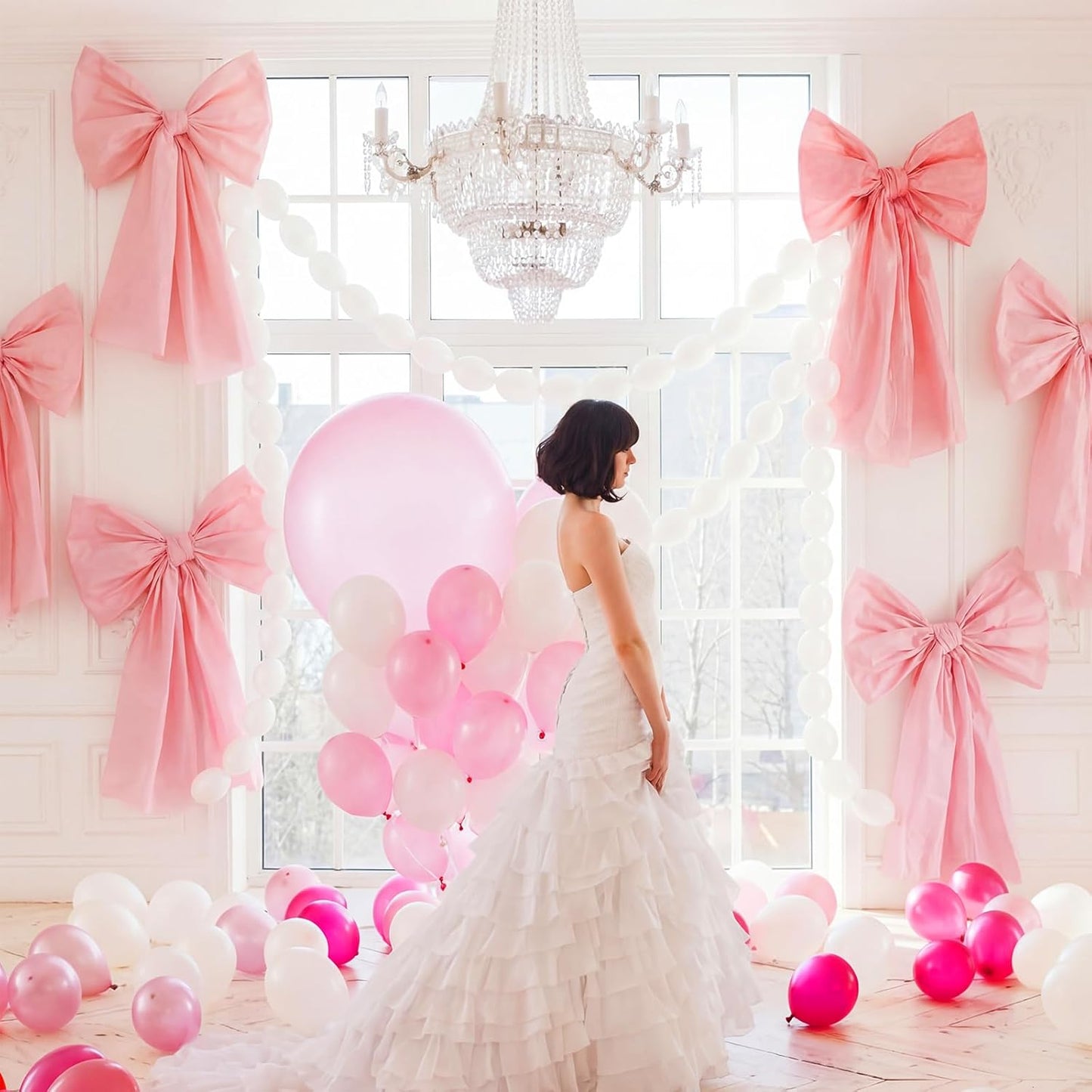 Pink Bow Birthday Decorations Set - 4 DIY Giant Wall Bows & 100 Link Balloons for Cute Party Decor